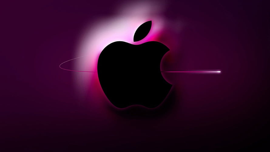 Apple Logo with Neon Pink Glow and Light Streak on Dark Purple Background HD wallpaper