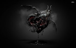 Dark Fantasy Dragon Heart Sculpture with Crimson Veins and Dripping Blood on Black Background HD wallpaper