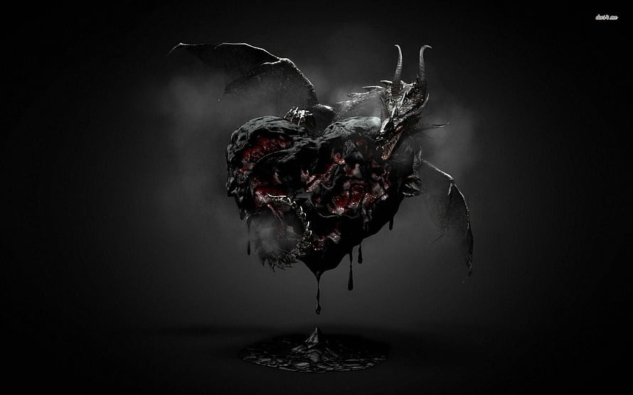 Dark Fantasy Dragon Heart Sculpture with Crimson Veins and Dripping Blood on Black Background HD wallpaper