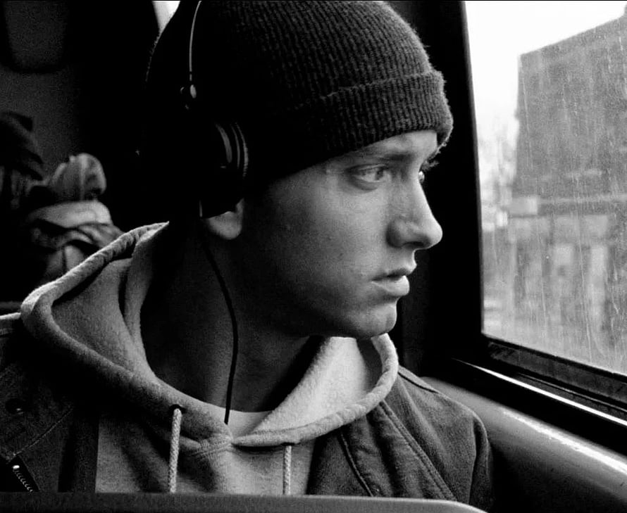 Eminem in Black and White Profile Wearing Beanie and Headphones HD wallpaper
