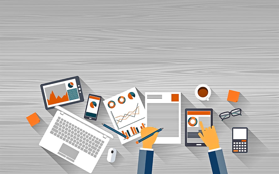 Flat Lay Business Workspace with Laptop, Tablet, and Data Charts on Gray Desk HD wallpaper