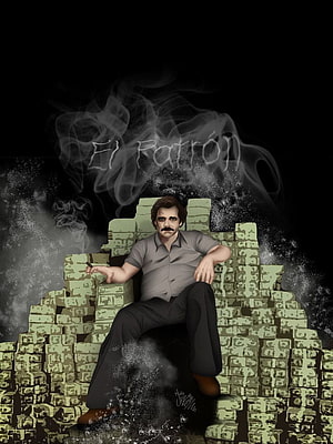 Pablo Escobar Narcos Digital Art Sitting on Money Throne with Smoke HD phone wallpaper