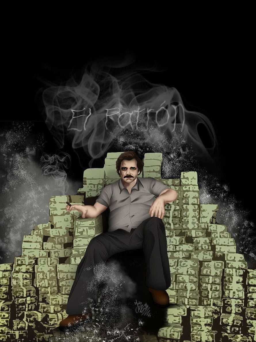 Pablo Escobar Narcos Digital Art Sitting on Money Throne with Smoke HD phone wallpaper