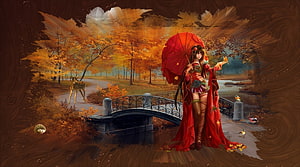 Fantasy Woman in Red Dress Holding Parasol on Autumn Bridge HD wallpaper