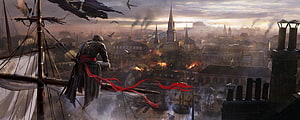 Assassin's Creed Unity Concept Art of a Hooded Figure on a Ship Mast Over a Burning City HD wallpaper