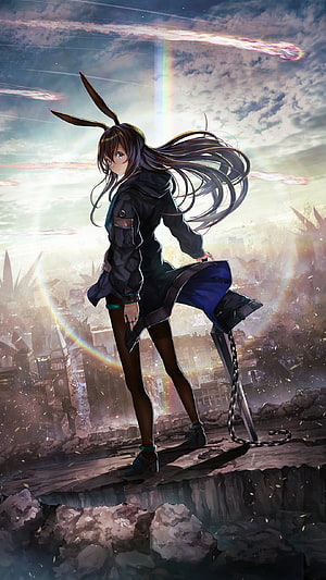 Arknights Anime Girl with Rabbit Ears Standing on Ruined City Rooftop HD phone wallpaper