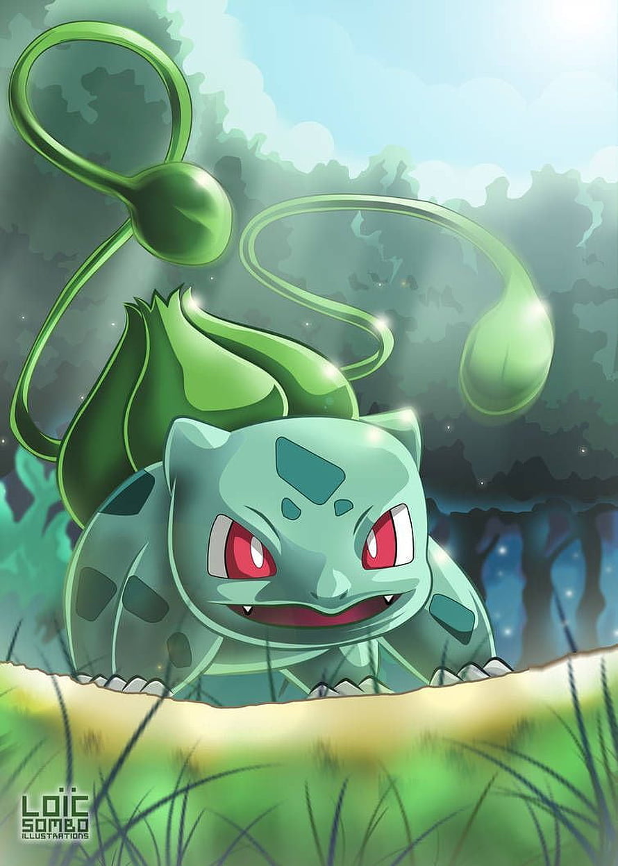 Bulbasaur Peeking From Grass With Glowing Bulb In Lush Forest Setting HD phone wallpaper