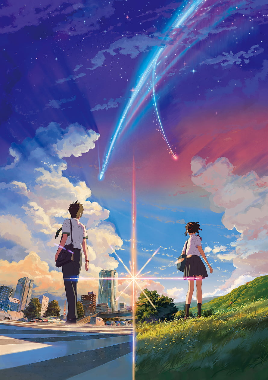 Makoto Shinkai Weathering With You Anime Poster Featuring Split Sky and Comet HD phone wallpaper