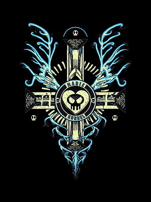 Skullgirls Marie Korbel Ornate Cross Emblem with Neon Blue Wings and Skull Motifs on Black Background HD phone wallpaper