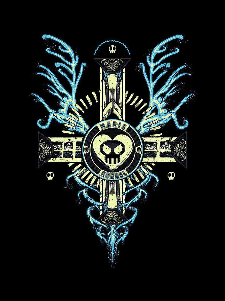 Skullgirls Marie Korbel Ornate Cross Emblem with Neon Blue Wings and Skull Motifs on Black Background HD phone wallpaper