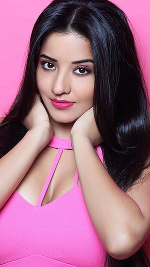 Antara Biswas Portrait in Pink Dress with Long Dark Hair HD phone wallpaper