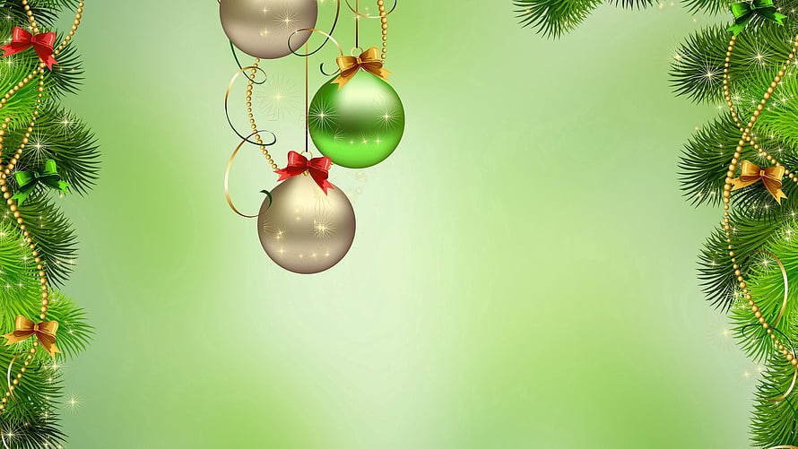 Festive Christmas Ornaments Hanging From Pine Branches With Gold Beads And Sparkles HD wallpaper
