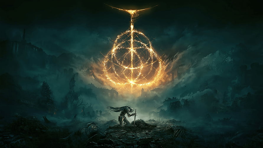 Elden Ring Dark Fantasy Landscape With Glowing Golden Sigil And Lone Knight HD wallpaper