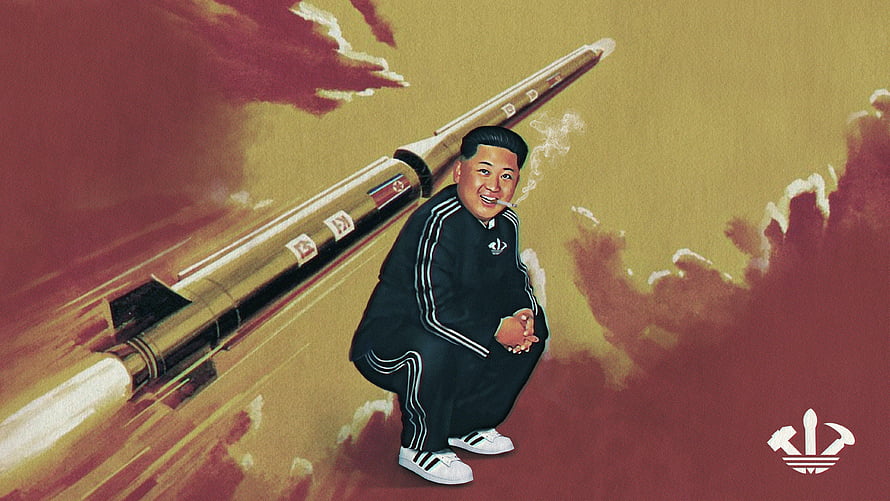 Kim Jong Un in Adidas Tracksuit Crouching Beside a Launching Rocket HD wallpaper
