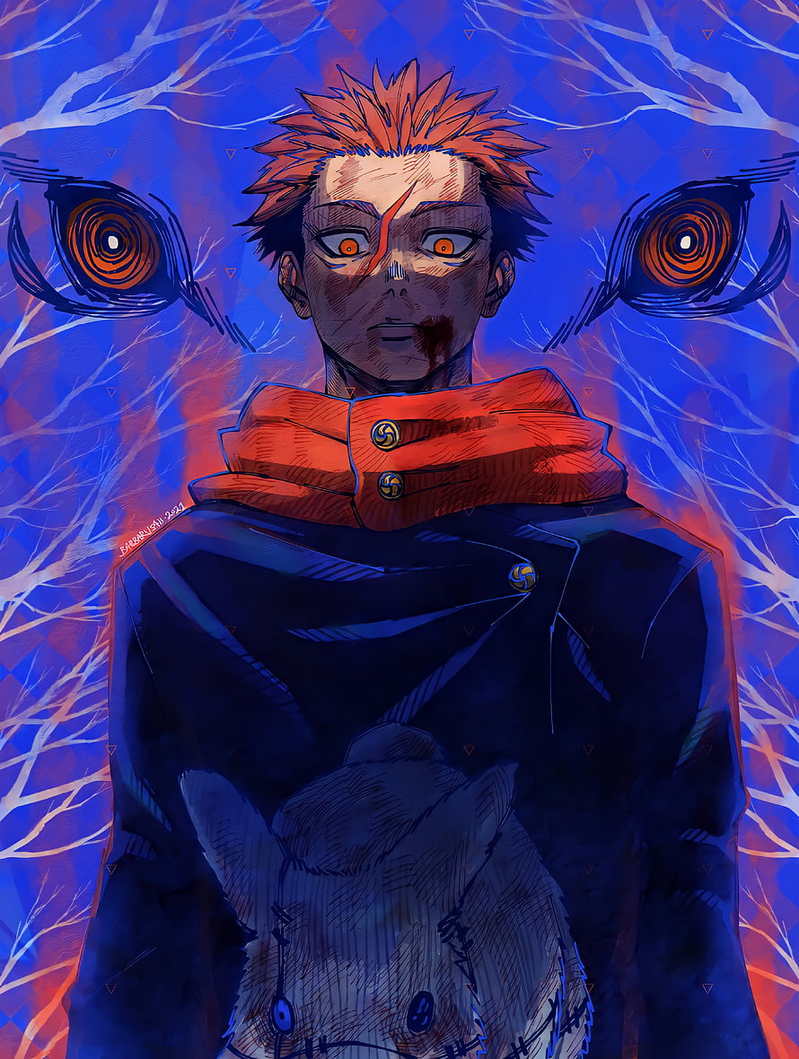 Yuji Itadori Jujutsu Kaisen Anime Character Portrait with Cursed Energy Eyes HD phone wallpaper