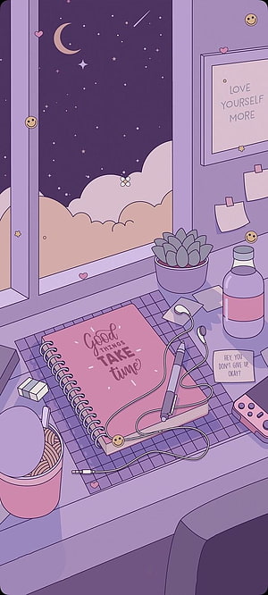 Cozy Nighttime Desk Scene with Notebook, Headphones, and Starry Window View HD phone wallpaper