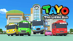 Tayo The Little Bus Animated Characters and Colorful Vehicles in Front of a Bright Building HD wallpaper