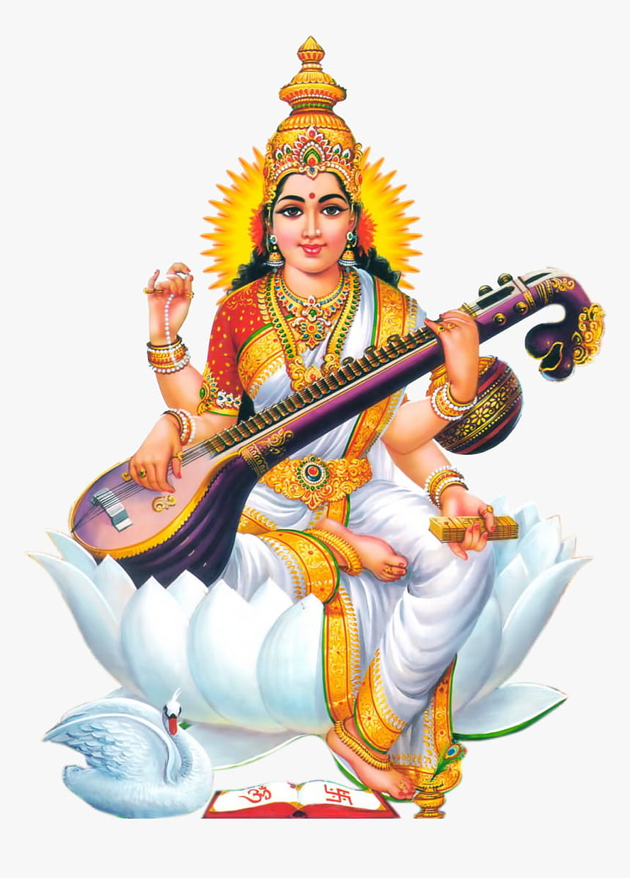 Saraswati Devi Playing Veena on White Lotus with Swan and Sacred Text HD phone wallpaper