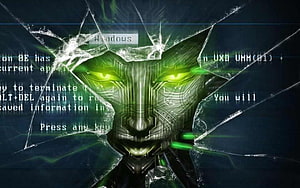 Cyberpunk AI Cat Breaking Through Glitched Computer Screen with Green Holographic Eyes HD wallpaper