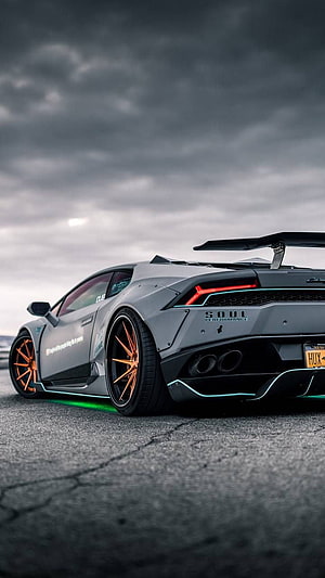 Modified Lamborghini Huracan Widebody with Orange Wheels and Underglow HD phone wallpaper