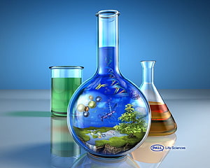 Scientific Laboratory Glassware with Molecular and Nature Imagery HD wallpaper