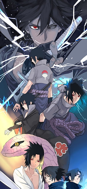 Sasuke Uchiha Evolution Collage with Sharingan and Susanoo from Naruto HD phone wallpaper