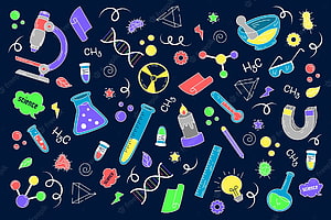 Colorful Science Doodle Pattern with Lab Equipment, DNA, and Chemistry Icons on Dark Background HD wallpaper