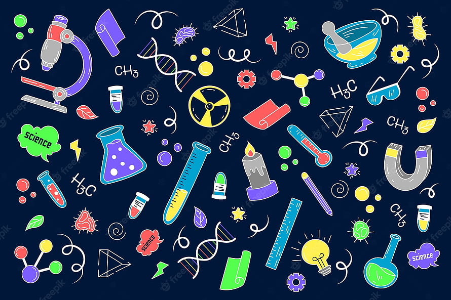 Colorful Science Doodle Pattern with Lab Equipment, DNA, and Chemistry Icons on Dark Background HD wallpaper