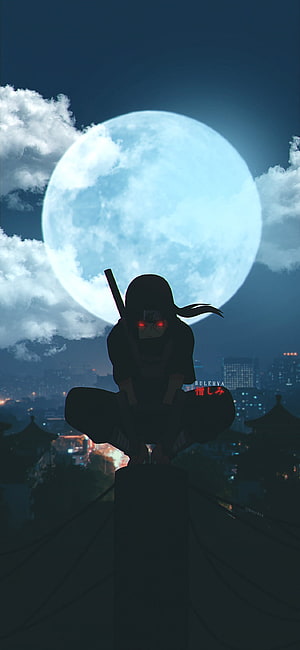 Itachi Uchiha Silhouette Perched on Rooftop Under a Massive Full Moon in Naruto HD phone wallpaper