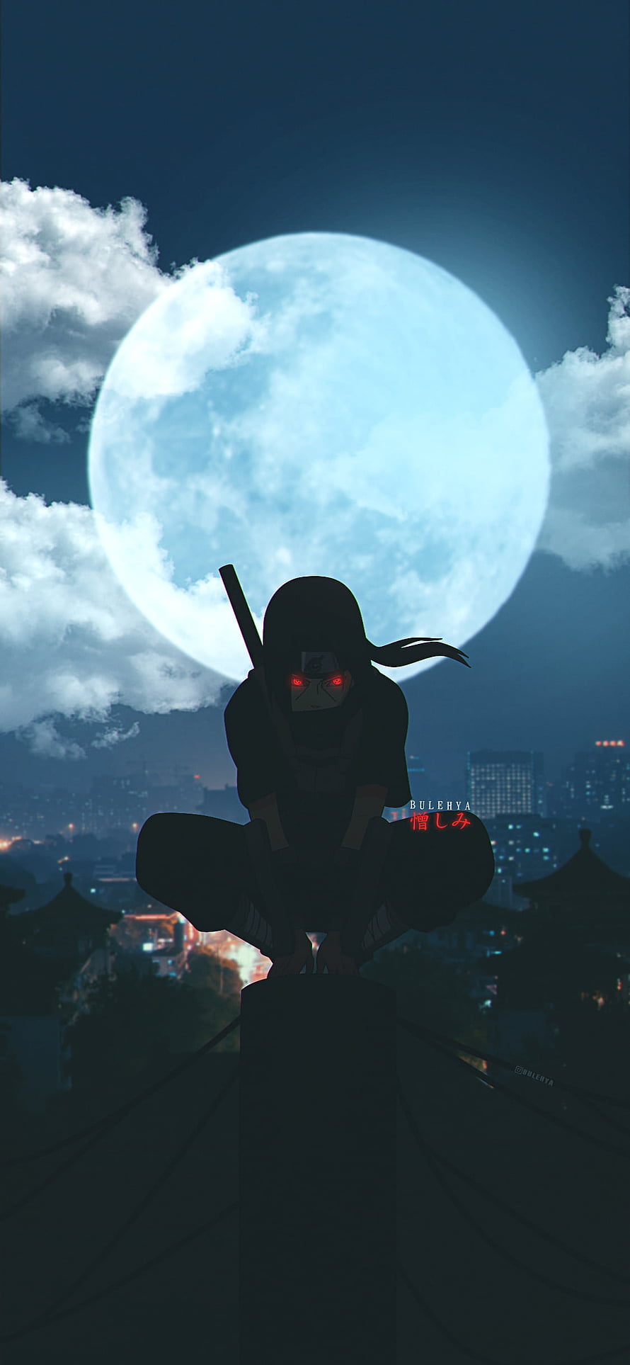 Itachi Uchiha Silhouette Perched on Rooftop Under a Massive Full Moon in Naruto HD phone wallpaper