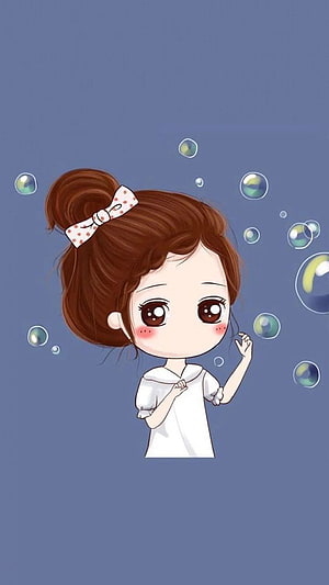 Cute Chibi Girl with Brown Bun and Polka Dot Bow Reaching for Floating Bubbles HD phone wallpaper