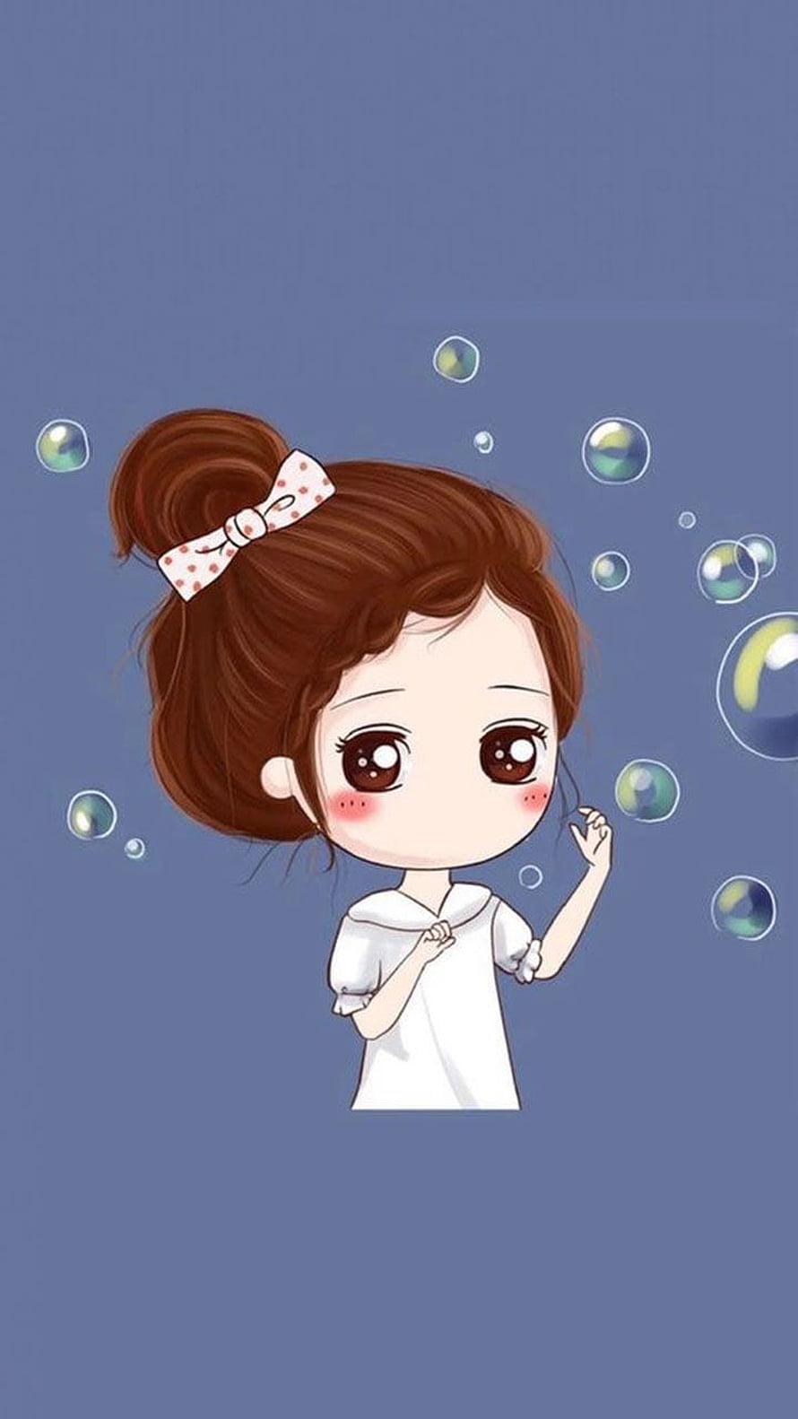 Cute Chibi Girl with Brown Bun and Polka Dot Bow Reaching for Floating Bubbles HD phone wallpaper