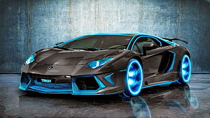 Lamborghini Aventador with Tron Style Neon Blue Accents and Glowing Wheels HD wallpaper