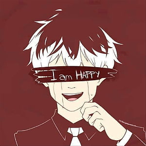 Sad Anime Boy Crying With I Am Happy Blindfold on Dark Red Background HD phone wallpaper