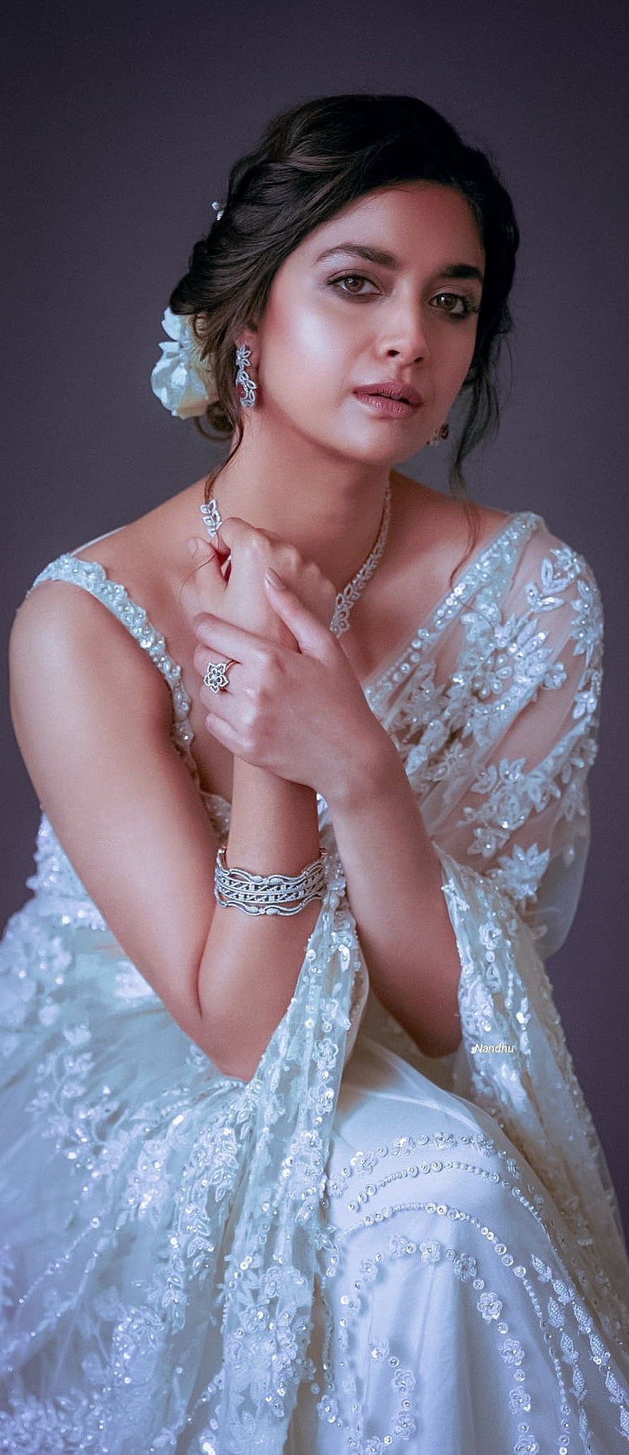 Keerthy Suresh in Elegant White Bridal Lehenga with Diamond Jewelry and Floral Hairpiece HD phone wallpaper