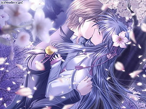 Romantic Anime Couple Sharing a Tender Kiss Under Blooming Cherry Blossoms HD wallpaper