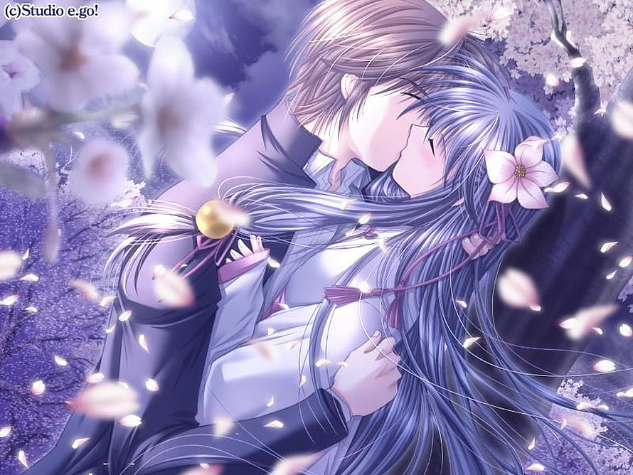 Romantic Anime Couple Sharing a Tender Kiss Under Blooming Cherry Blossoms HD wallpaper