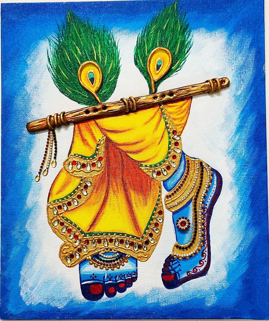Krishna Charan Artwork Featuring Sacred Feet, Flute, and Peacock Feathers on Blue Background HD phone wallpaper
