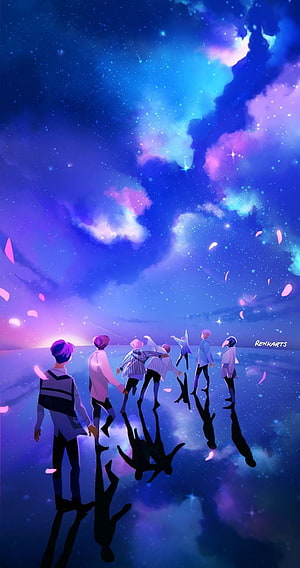 BTS Members Walking Under a Starry Purple Sky in Anime Style HD phone wallpaper