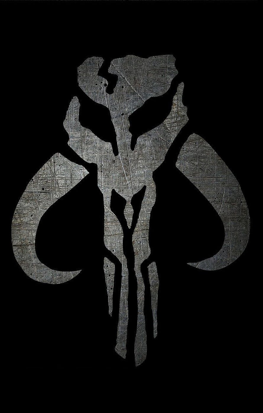 Mandalorian Skull Emblem with Weathered Metal Texture on Black Background HD phone wallpaper