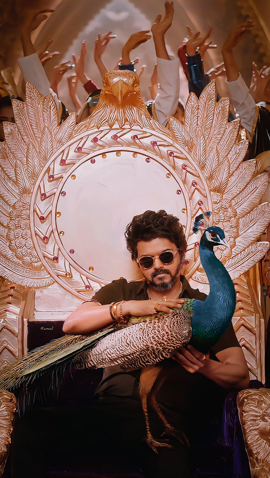 Thalapathy Vijay as Veera in Beast holding a peacock on an ornate golden throne HD phone wallpaper