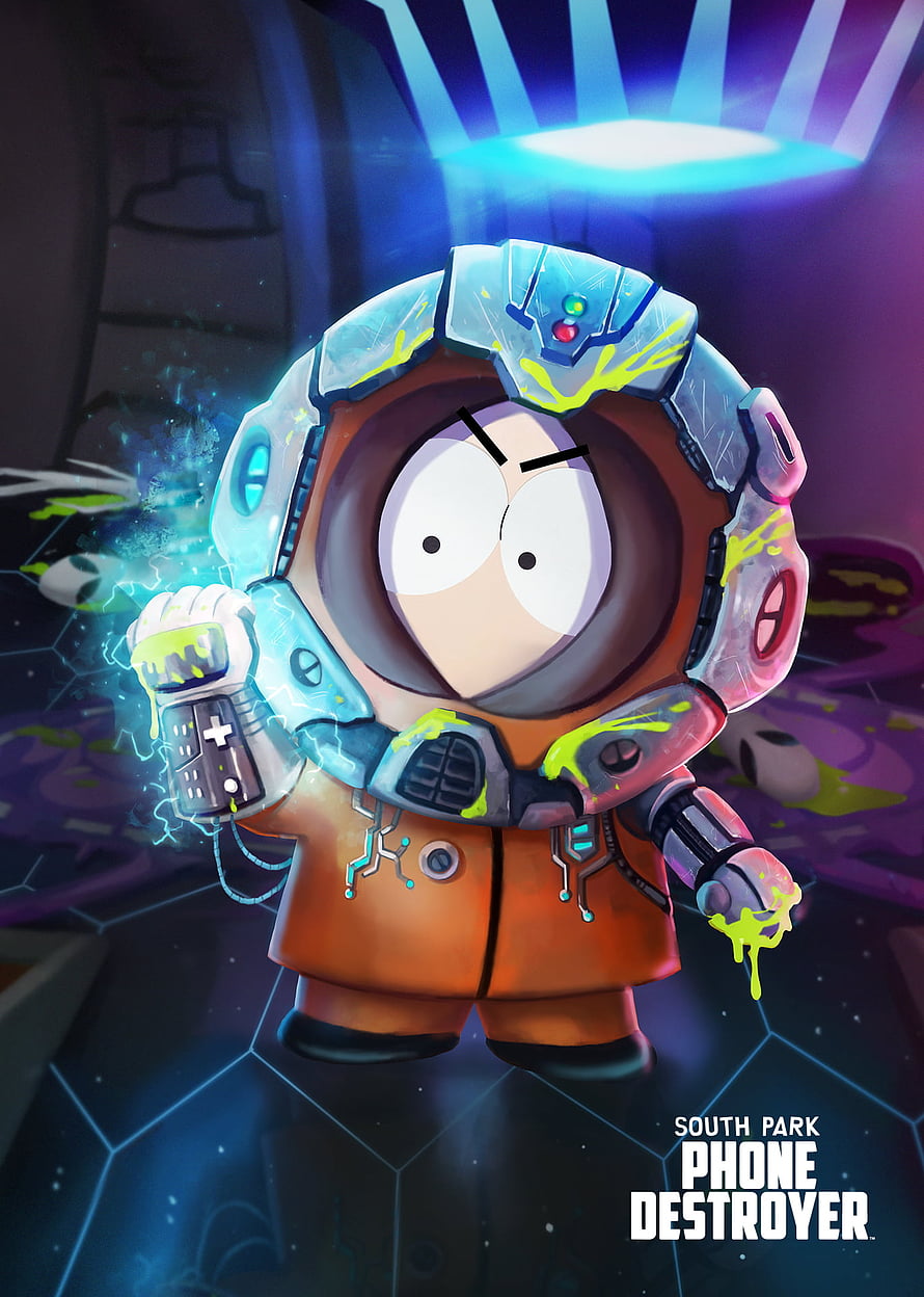 South Park Phone Destroyer Kenny in Futuristic Orange Space Suit with Glowing Tech Effects HD phone wallpaper