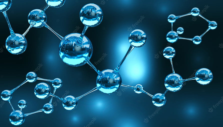Glossy Blue Molecular Structure with Glowing Atoms and Bonds on Dark Background HD wallpaper