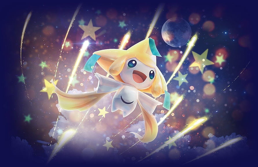 Jirachi the Wish Pokémon Soaring Through a Starry Night Sky with Shooting Stars and Moon HD wallpaper