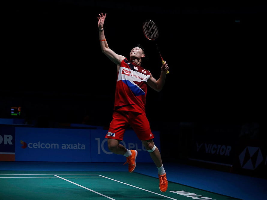 Kento Momota Badminton Player Jumping Smash Action on Court HD wallpaper