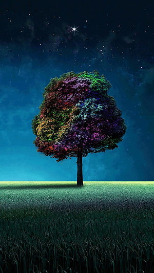 Vibrant Multicolored Tree Standing Alone in a Grassy Field Under a Starry Night Sky HD phone wallpaper