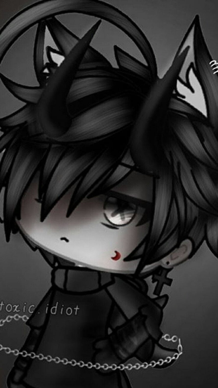 Dark Gacha Life Boy with Horns and Chains in Monochrome Style HD phone wallpaper