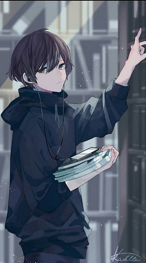 Anime Boy in Black Hoodie Holding Books and Wearing Earphones in a Library HD phone wallpaper