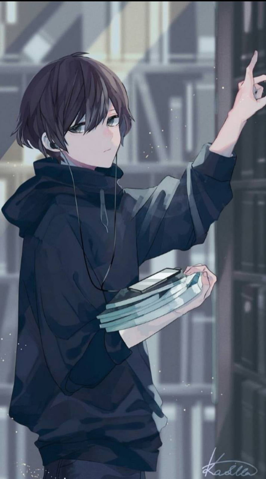 Anime Boy in Black Hoodie Holding Books and Wearing Earphones in a Library HD phone wallpaper
