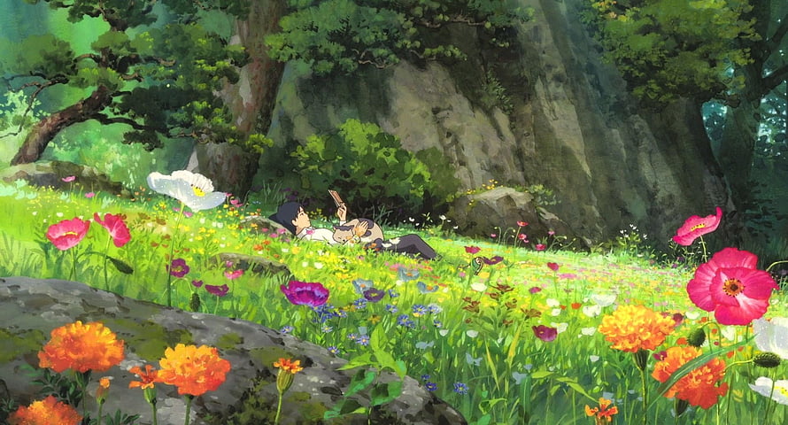 Studio Ghibli Character Relaxing In A Vibrant Wildflower Meadow HD wallpaper